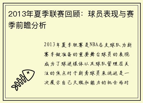2013年夏季联赛回顾：球员表现与赛季前瞻分析