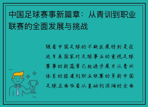 中国足球赛事新篇章:从青训到职业联赛的全面发展与挑战